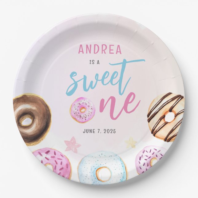 Assiettes En Carton Donut Sweet One Rose and Blue Girls Premier annive (Devant)