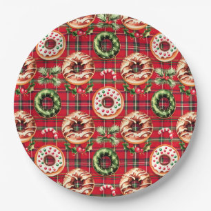 Assiettes En Carton Donuts de Noël Rouge Rétro Rouge Tartan Plaid