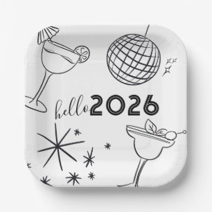 Assiettes En Carton Doodle Fantaisiste Bonjour 2026 Nouvel An Or