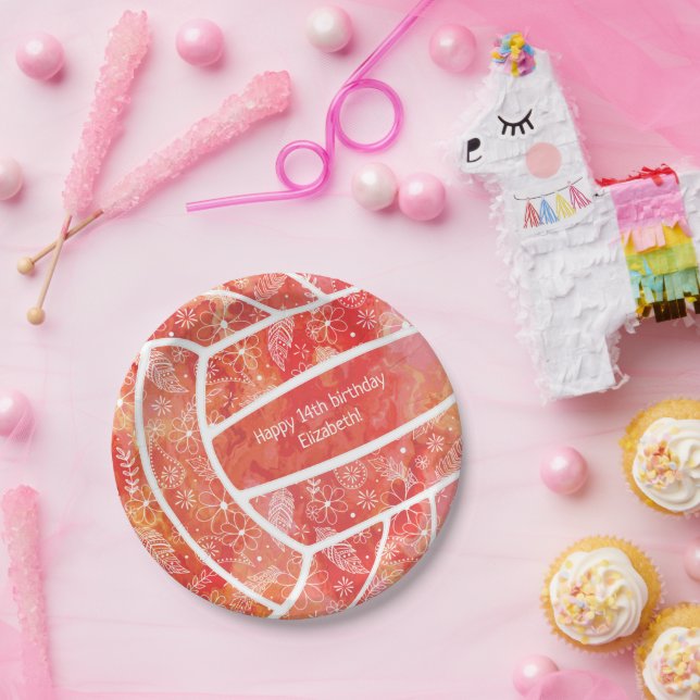 Assiettes En Carton Doodle floral orange rouge volley (Fête)