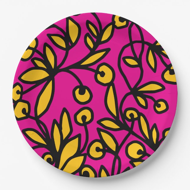 Assiettes En Carton Doodle jaune et rose (Devant)