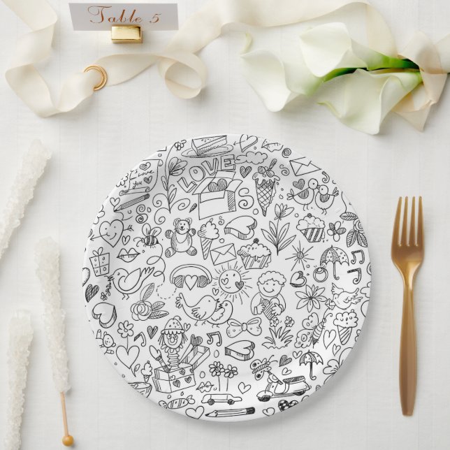 Assiettes En Carton Doodle Mignon Noir & Blanc (Mariage)