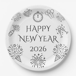 Assiettes En Carton Doodles Fantaisistes Noir Bonne Année 2026