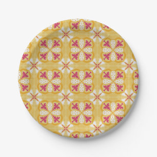 Assiettes En Carton dos jaune et motif floral rose symétrique
