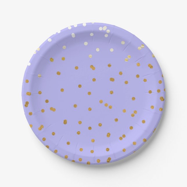 Assiettes En Carton Dots Confetti Purple & Or Fête des mariées moderne (Devant)