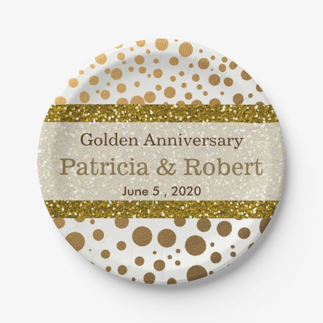 Assiettes En Carton Dots Gold Confetti 50e anniversaire de Mariage (Devant)