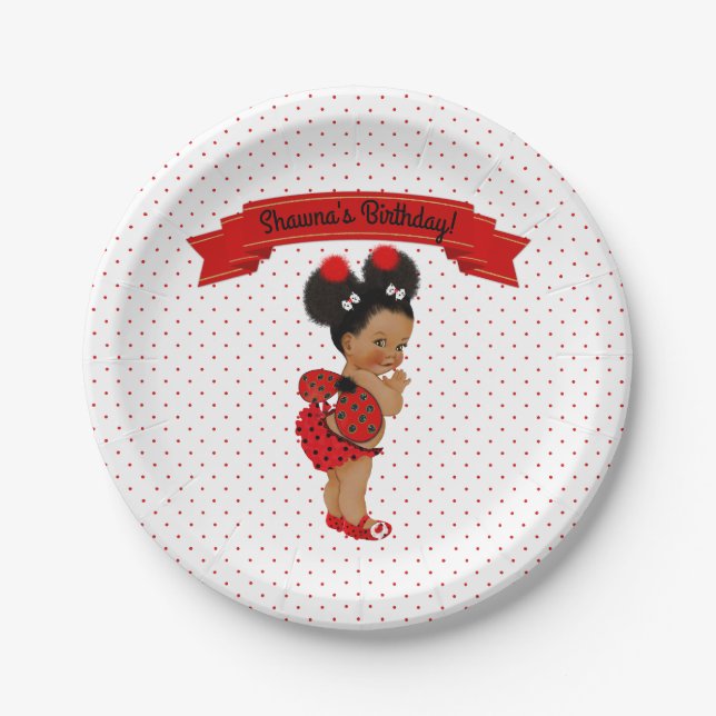 Assiettes En Carton Dots rouges de fille Afro-Américaine Ladybug (Devant)