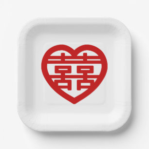 Assiettes En Carton Double Bonheur 囍 Shuangxi Chinese Hanzi Heart
