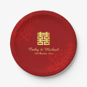 Assiettes En Carton Double bonheur fond floral mariage chinois