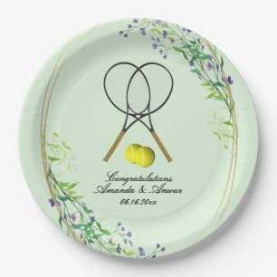 Assiettes En Carton Doubles de tennis Mariage 3 lignes de texte vert