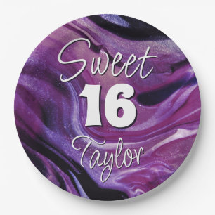 Assiettes En Carton Douce 16 Marbre Violet Personnalisé