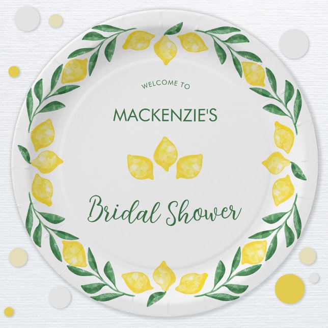 Assiettes En Carton Douce Baby-Shower Aquarelle Personnalisé (Green, yellow and white watercolor lemon personalized bridal shower celebration paper plates)