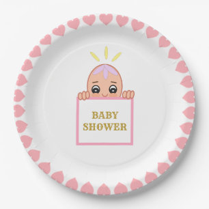 Assiettes En Carton Douce Baby Shower avec des coeurs roses