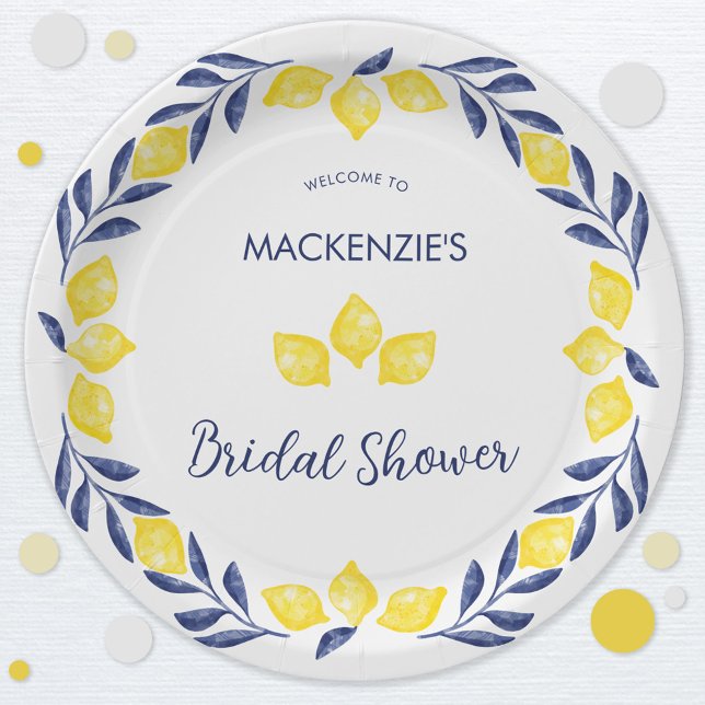 Assiettes En Carton Douce Baby-Shower Personnalisé Aquarelle Citron (Blue, yellow and white watercolor lemon personalized bridal shower paper plates)
