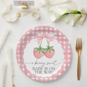Assiettes En Carton Douce Baby Shower Rose Foncé à Carreaux aux Fraise