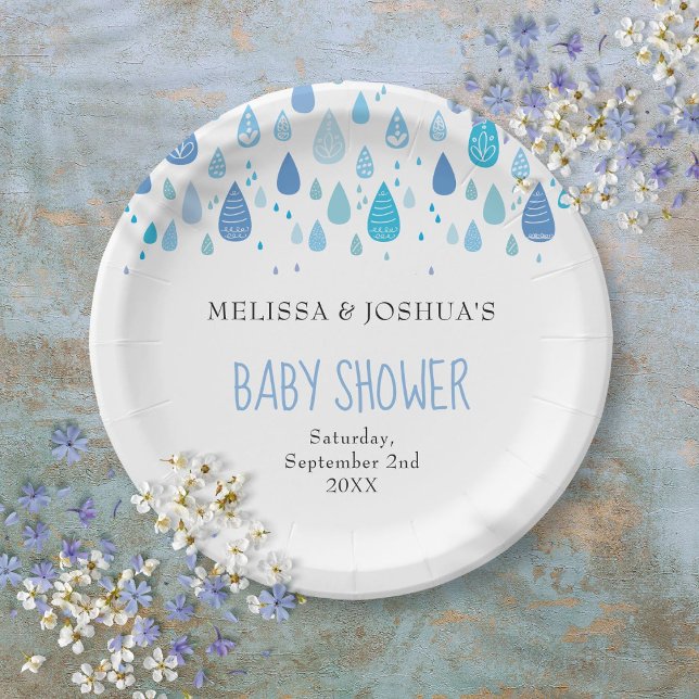 Assiettes En Carton Douce Baby Shower Sprinkle Gouttes de Pluie Bleues (Cute Blue Raindrops Couples Baby Shower Sprinkle Paper Plates)