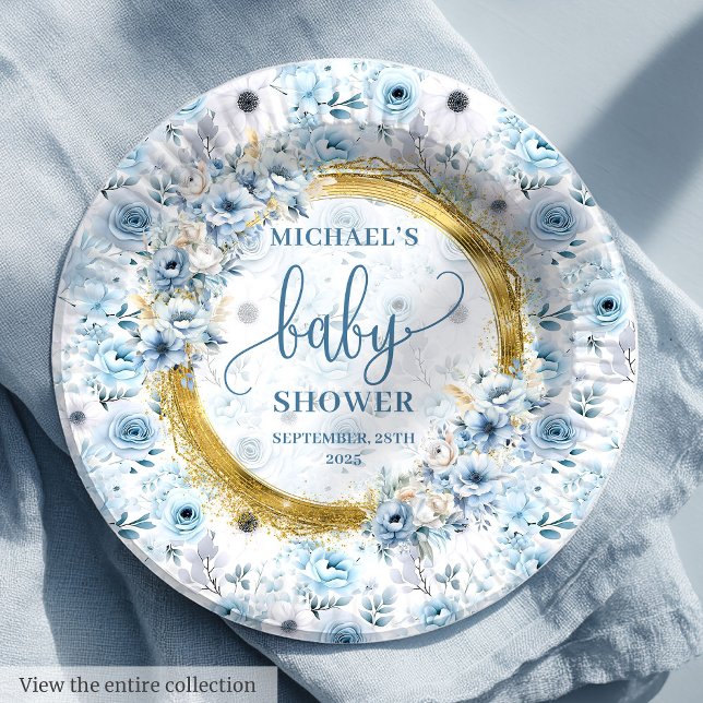 Assiettes En Carton Douce bleu roux fleurs or personnalisé douche (Sweet dusty blue flowers gold personalized shower Paper Plates)