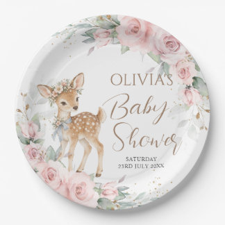 Assiettes En Carton Douce Cerf Rouge Floral Fille Baby Shower Bienvenu