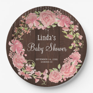 Assiettes En Carton Douce eau de rose florale bois pour baby shower