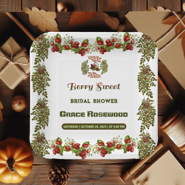 Assiettes En Carton Douce Fête de Mariage Automne avec Baies et Feuill (Cute Fall Foliage Autumn Berry Sweet Bridal Shower Paper Plates)