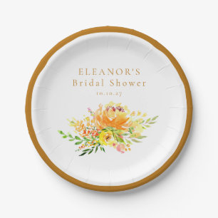 Assiettes En Carton Douce Fête de Mariage Fleurs Aquarelle Jaune Perso