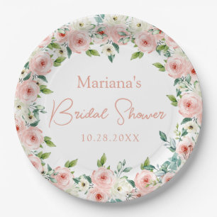 Assiettes En Carton Douce Fête de Mariage Florale Aquarelle Blanc Pêch