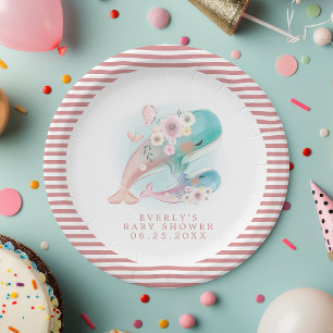 Assiettes En Carton Douce Fête Prénatale Baleines Aquarelle Florale Fi