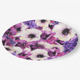 Assiettes En Carton Douce Mariée Fleurie Aquarelle Rose et Violet