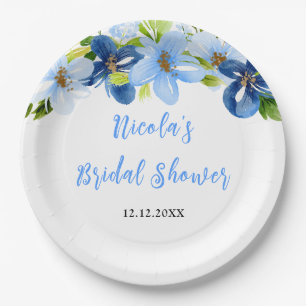 Assiettes En Carton Douce Mariée Fleurie Bleu Nuit et Bleu Bébé