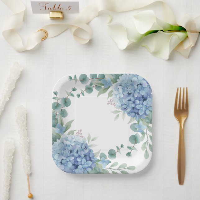 Assiettes En Carton Douce Mariée Fleurie Hydrangea Bleu (Mariage)