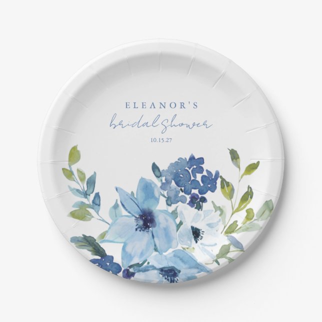 Assiettes En Carton Douce personnalisée de mariage floral aquarelle bl (Devant)