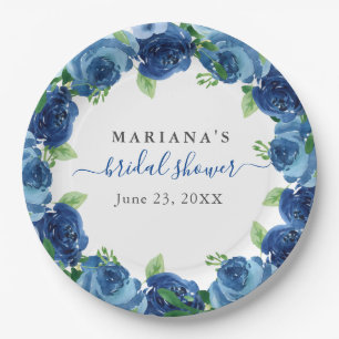 Assiettes En Carton Douce Soirée de Mariage Florale Aquarelle Bleu Mar