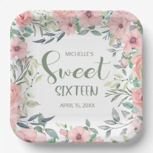 Assiettes En Carton Douces 16 Fleurs Roses Feuilles Nom Date