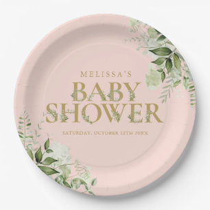 Assiettes En Carton Douceur de verdure Rose poudré Or Baby Shower