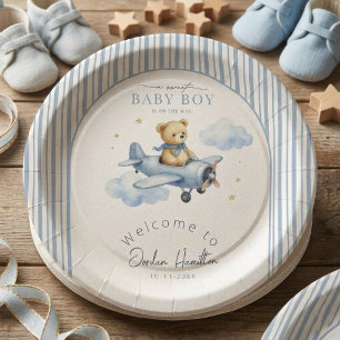 Assiettes En Carton Douche bébé garçon Ourson Petit Pilote