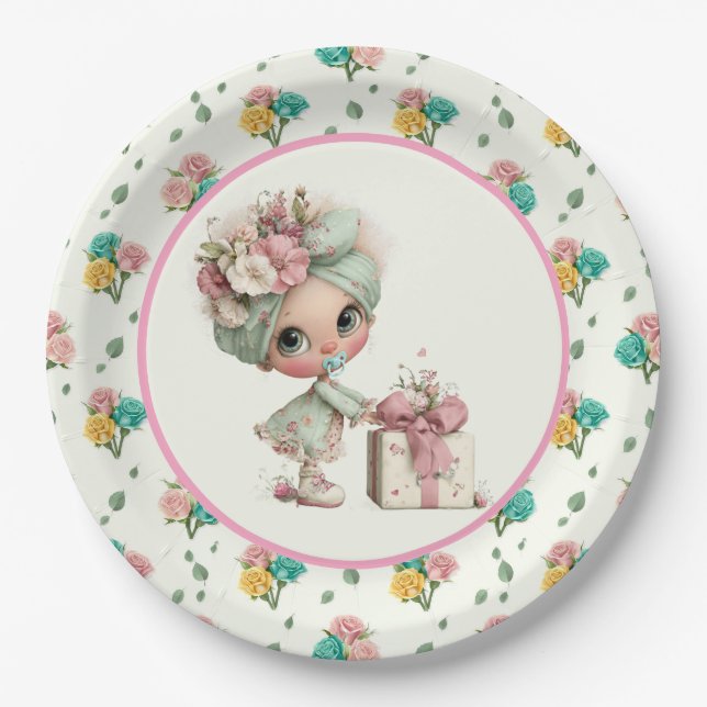 Assiettes En Carton Douche de Bébé Fille Mignonne  (Devant)