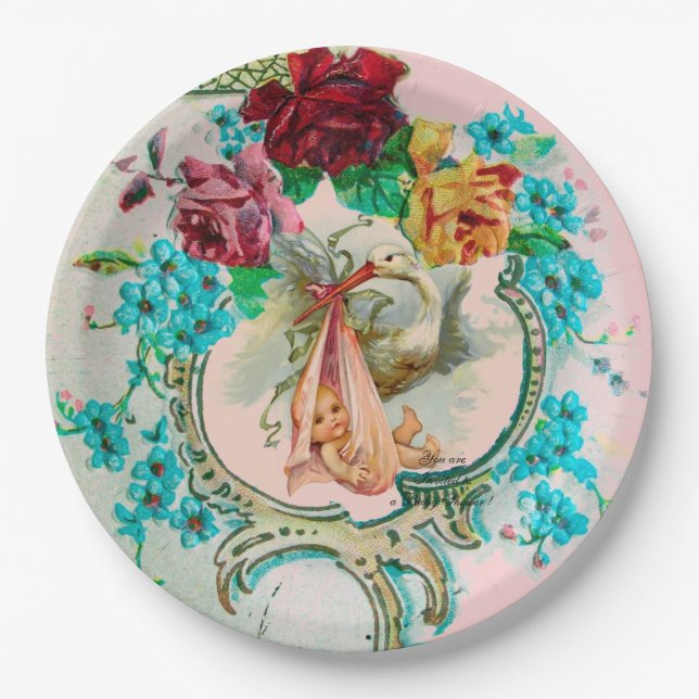 ASSIETTES EN CARTON DOUCHE DE FILLE BÉBÉ AVEC ROSES ROSES ROSES ROSES  (Devant)