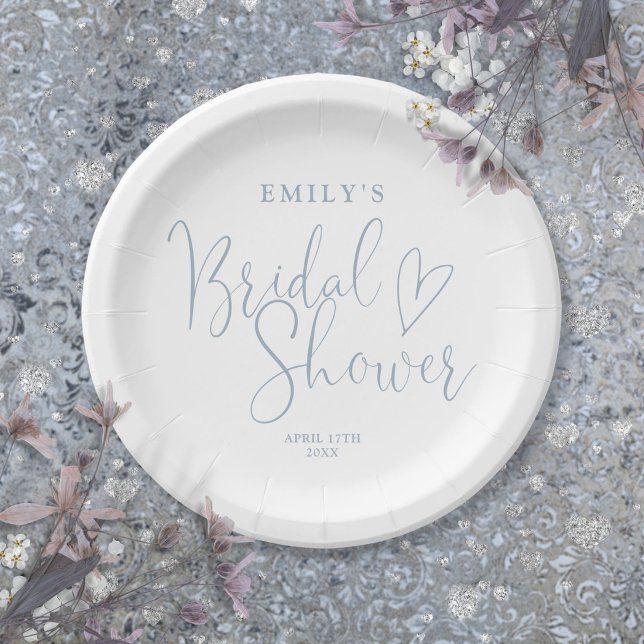 Assiettes En Carton Douche de mariage calligraphie script bleu poussié (Dusty Blue Script Calligraphy Bridal Shower Paper Plates)