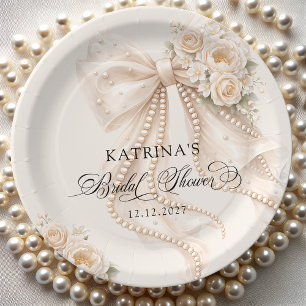 Assiettes En Carton Douche de Mariée Élégante avec Nœud et Perles Past