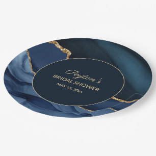 Assiettes En Carton Douche de Mariée Élégante Bleu Nuit Marbre Or