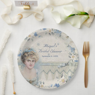 Assiettes En Carton Douche de Mariée Fleurs Bleues Dame Victorienne Vi