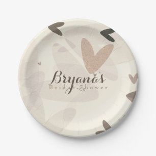 Assiettes En Carton Douche de Mariée Rose & Coeurs Taupe Élégant Fête