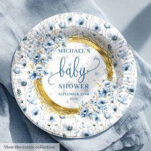 Assiettes En Carton Douche dorée à l'aquarelle bleu poussiéreuse