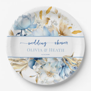 Assiettes En Carton Douche Dusty Blue Floral Couples Or
