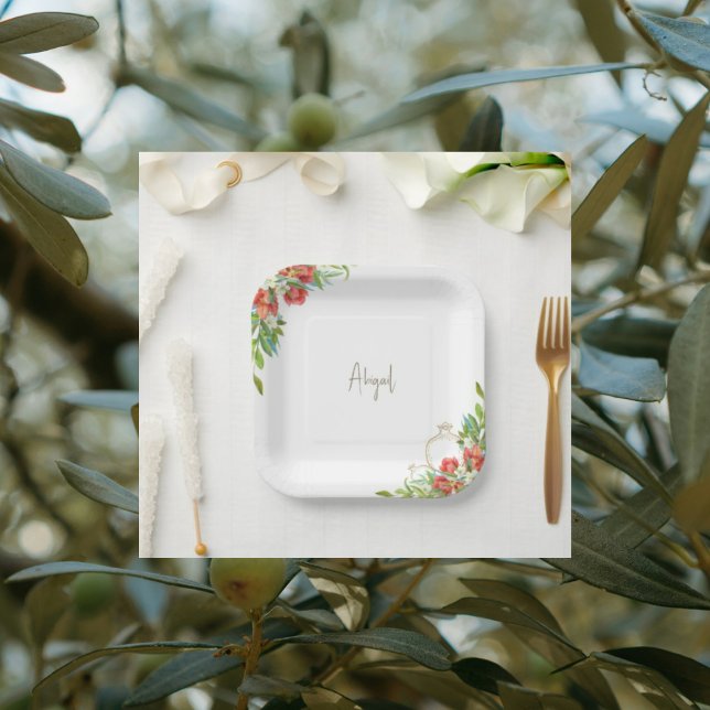 Assiettes En Carton Douche Florale Rouge Grenade de Toscane (Créateur téléchargé)