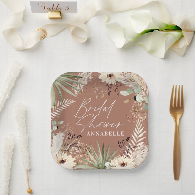 Assiettes En Carton Douche nuptiale merci pampas moderne herbe feuilla (Mariage)