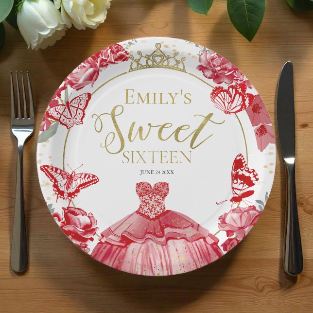 Assiettes En Carton Doux 16 Plaques en papier Papillon Robe rouge Robe (Créateur téléchargé)