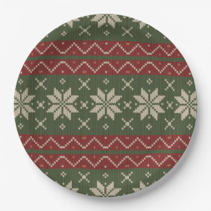 Assiettes En Carton Doux de Noël moche Scandinave Knit rouge vert