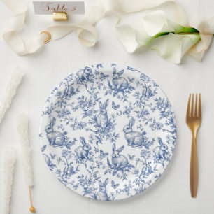 Assiettes En Carton Doux Lapins Toile de Jouy Française Bleu