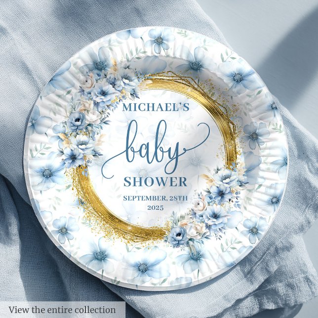 Assiettes En Carton Doux pastel bleu fleur or boho garçon bébé assiett (Sweet pastel blue flower gold boho boy baby plates)